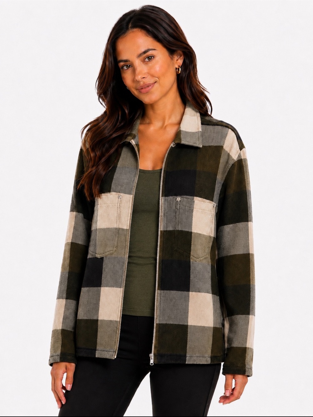 Vintage Carolina Colours Plus Plaid Zip Front Shacket Jacket 16W Green Cotton